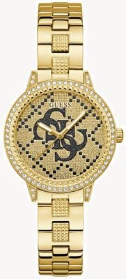 Guess Cristal G Lace (34 mm) com logotipo quattro 'g', mostrador dourado e pulseira em aço inoxidável com revestimento PVD dourado. GW0944L2