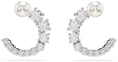 Swarovski Matrix Hoop Stud Earrings Crystal Pearl White Crystals Rhodium Plated 5692260