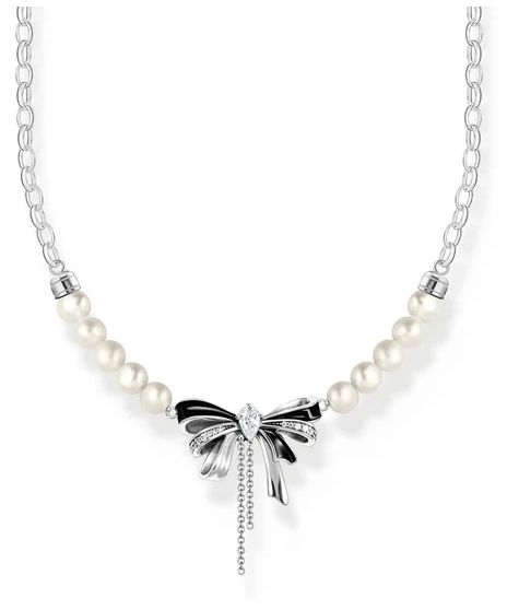 Thomas Sabo Silver CZ Black Enamel & Pearl Bow Necklace Jewellery