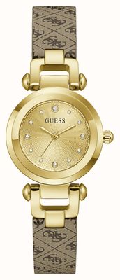 Guess Montre Ginger à quartz trois aiguilles (30 mm), cadran doré / bracelet en cuir marron à motifs GW1021L2