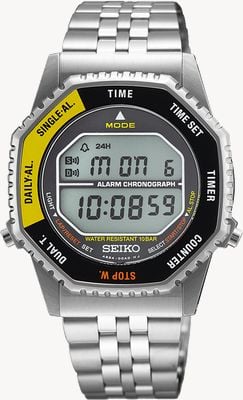 Seiko Reloj digital de cuarzo multifunción 'rotocall' (37 mm), color amarillo y negro, con pulsera de acero inoxidable. SMGG17P1