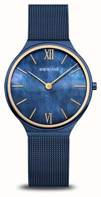 Bering 超薄石英（34 毫米）蓝色珍珠贝母表盘/蓝色 pvd 不锈钢网状表链 18434-397