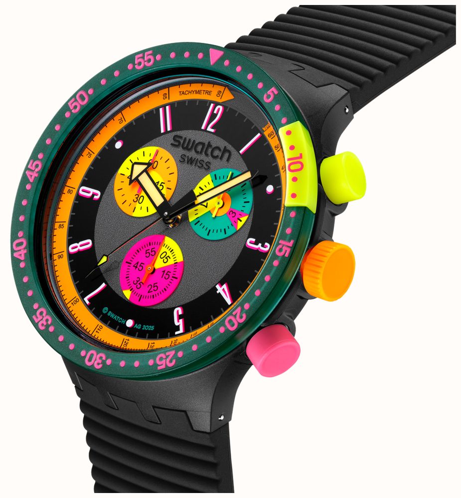 Swatch Neon Seppia (47 Mm) Esfera Negra Correa De Silicona Negra