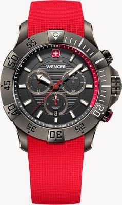 Wenger Cronógrafo de quartzo Seaforce (43 mm) com mostrador preto e pulseira de silicone vermelha. 01.0643.128