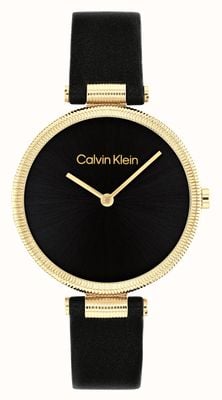 Calvin Klein Mostrador preto brilhante feminino (32 mm) / pulseira de couro preta 25100017