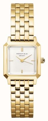 Rosefield Boxelle (19,5 mm) com mostrador branco fosco e pulseira em aço inoxidável banhada a ouro. BWGSG-B01