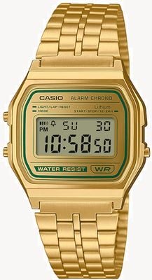 Casio Reloj digital vintage A158 (33,2 mm), esfera dorada y brazalete de acero inoxidable con PVD dorado. A158WEGV-9AEF