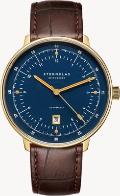 STERNGLAS Reloj automático Hamburg (42 mm), esfera azul y correa de piel marrón oscuro. S02-HHM07-HE01