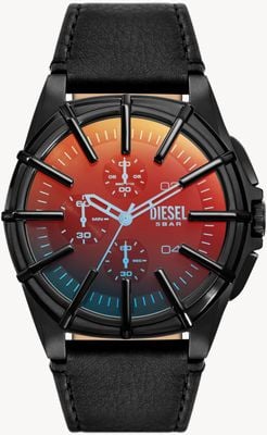 Diesel Cadran chronographe soleillé noir pour homme avec cadre (44 mm) / bracelet en cuir noir DZ4658