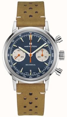 Hamilton Cronógrafo American Classic Intramatic H (40 mm) com mostrador azul / pulseira de couro marrom + malha de aço inoxidável H38429541
