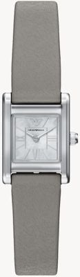 Emporio Armani Genni (26 mm) met witte parelmoeren wijzerplaat en grijze leren band. AR11764