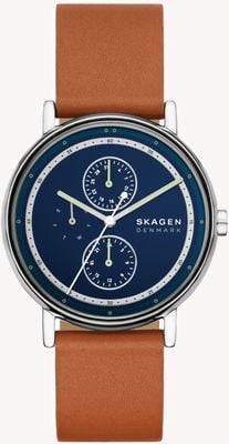 Skagen Quadrante blu multifunzione Signature (40 mm) / cinturino in pelle marrone SKW6943