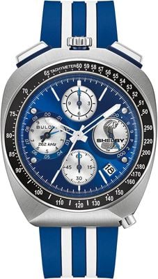 Bulova Shelby® Racer Chronograph, limitierte Auflage (43 mm), blaues Zifferblatt / blau-weiß gestreiftes HNBR-Kautschukarmband 98B452