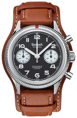 Hanhart 417 es 1954 flyback reverse panda (39mm) quadrante nero / cinturino in pelle marrone chiaro - m H701.211-7210