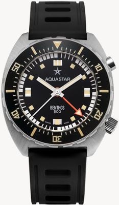 Aquastar Benthos 500 II ファウンダーズエディション - センタークロノグラフ（42mm）ブラック文字盤 / ブラックイソフレンラバーストラップ BENTHOS-500