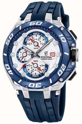 Festina Relógio cronógrafo Bike 2026 (46 mm) com mostrador branco e pulseira de borracha azul. F20755/1