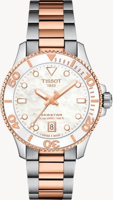 Tissot Seastar 1000m Quarz (36mm) Zifferblatt aus weißem Perlmutt / Zweifarbiges Edelstahlarmband-Uhr T1202102211100