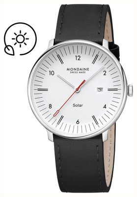 Mondaine Doppio Solar (41 mm) mattweißes Zifferblatt / schwarzes veganes Traubenlederarmband MLE.41910.LBV