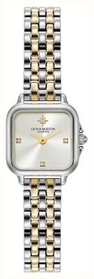 Olivia Burton Mini Grosvenor (20 mm) ivoorkleurige wijzerplaat met zonnestraalmotief / tweekleurige roestvrijstalen armband 24000365