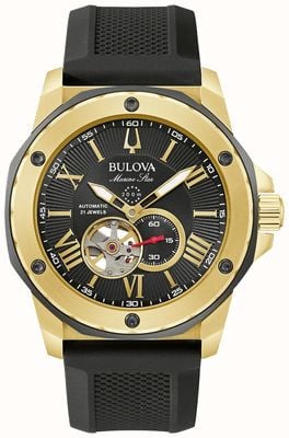 Bulova Мужские часы Marine Star с автоподзаводом, черный циферблат / черный силиконовый ремешок 98A272