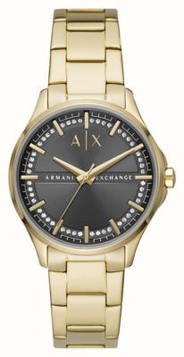 Armani Exchange damskie | tarcza z szarego kryształu | złota bransoletka ze stali nierdzewnej AX5257