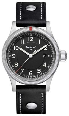 Hanhart パイオニアワン オートマチック (42mm) ブラックダイヤル / ブラックレザーリベットストラップ - m 762.210-0010