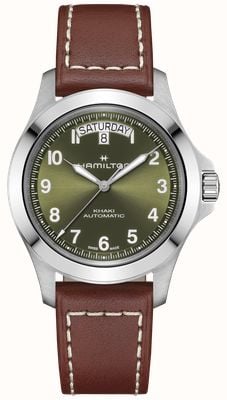 Hamilton Khaki field king day-date auto (40 mm) z zieloną tarczą słoneczną / brązowym skórzanym paskiem H64475560