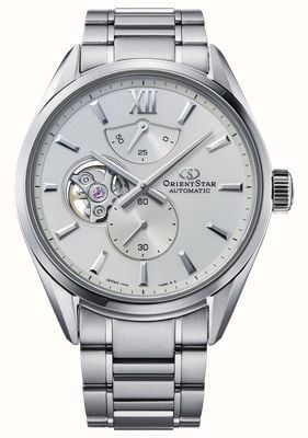 Orient Star M34 f7 semi-skelet automatisch horloge (40 mm) met witte wijzerplaat met zonnestraalmotief / roestvrijstalen armband RE-BY0011S00B