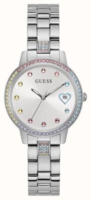 Guess Women's Three of Hearts (34mm) Rainbow Crystal Silver Dial / Stainless Steel Bracelet GW0657L1