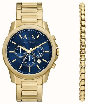 Armani Exchange Cadeauset voor heren (44 mm) blauwe wijzerplaat / goudkleurige roestvrijstalen armband met bijpassende armband AX7151SET