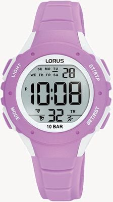 Lorus Digitale Multifunktionsuhr 100m (32mm) digitales Zifferblatt / hellviolettes Silikonarmband R2369PX9 damaged box