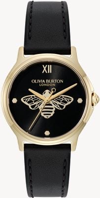 Olivia Burton Abeja clásica (29,8 mm), esfera negra / correa de piel negra 24000344