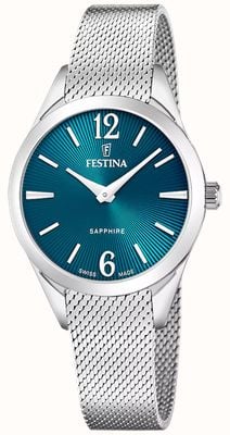 Festina Swiss Made Grace Quartz (32mm) Turquoise Sunray Dial / Stainless Steel Mesh Bracelet F20076/4