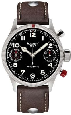Hanhart Chronographe automatique Pioneer Twindicator (45 mm), cadran noir / bracelet en cuir marron foncé - m 731.210-0110