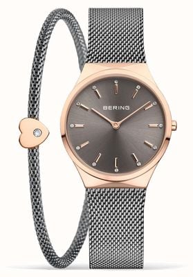 Bering Classique | coffret cadeau | cadran gris | maille en acier inoxydable | bracelet et perle assortis 12131-369-GWP