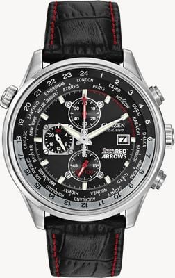Citizen Bracelet cuir chronographe flèches rouges CA0080-03E