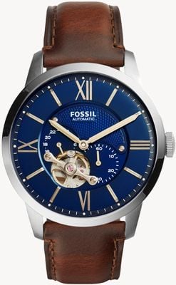 Fossil Homme citadin automatique | cadran bleu | bracelet en cuir marron ME3110