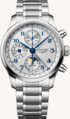 LONGINES Master Collection cronógrafo fase da lua (41 mm) mostrador prateado "barleycorn" / bracelete em aço inoxidável L29624736