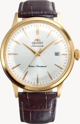 Orient Bambino Automatik (40,5 mm) silbernes Zifferblatt mit Sonnenschliff / braunes Lederarmband RA-AC0028S
