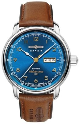 Zeppelin Méditerranée 1921 Day/Date Automatic (40mm) Azure Blue Sunray Dial / Brown Leather Strap 9664-3