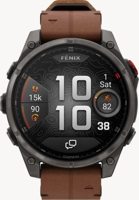 Garmin Fenix 8 Pro 47 mm AMOLED Saphir Premium Multisport GPS Carbongrau DLC mit kastanienbraunem Leder + schwarzem Silikonarmband 010-03198-40