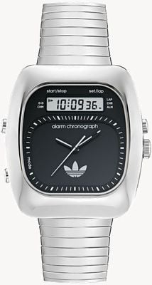 Adidas Retro Wave Chronograph mit drei Alarmen (37 mm) schwarzes Zifferblatt / dehnbares Edelstahlarmband AOSY25013