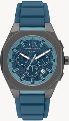 Armani Exchange Quarz-Chronograph (44 mm), strukturiertes blaues Zifferblatt / blaues Silikonarmband AX4291