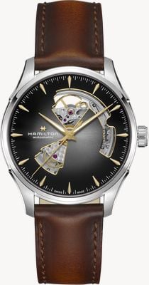 Hamilton Automatyczny zegarek Jazzmaster z otwartym sercem (40 mm) z szarą, gradientową tarczą / brązowym paskiem skórzanym H32675581