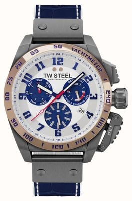 TW Steel Chronographe Damon Hill édition limitée (46 mm) cadran satiné blanc / bracelet en cuir bleu foncé TW1018