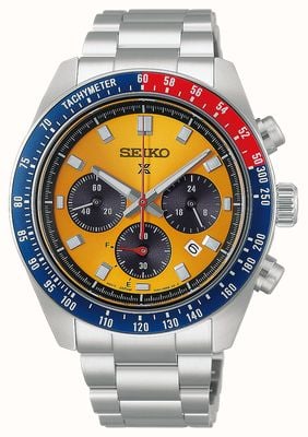 Seiko Prospex Speedtimer „Racing“ Solar-Chronograph (41,4 mm), Zifferblatt in Gelb mit Sunray-Effekt / Edelstahlarmband HBJ004P1