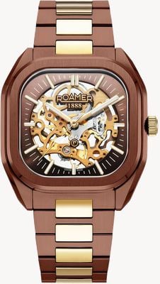 Roamer Herren-Mechano-MST (39,5 mm) braunes Skelett-Zifferblatt / braungoldenes Edelstahl- und braunes Lederarmband-Set 985986 43 65 20