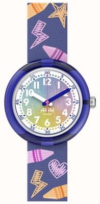 Flik Flak Regenbogen-Buntstifte (31,85 mm) Regenbogen-Zifferblatt / Armband mit lila Buntstiftmuster FPNP173