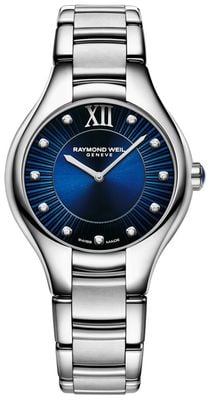 Raymond Weil Noemia Diamantquarz (32 mm) blaues Zifferblatt mit Sonnenschliff / Edelstahlarmband 5132-ST-50181