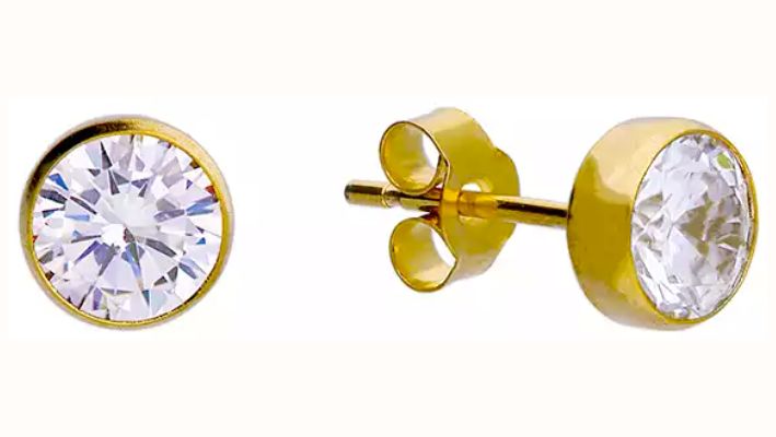 James Moore CME 9ct Gold Earring 4mm round rub-over CZ stud L6014